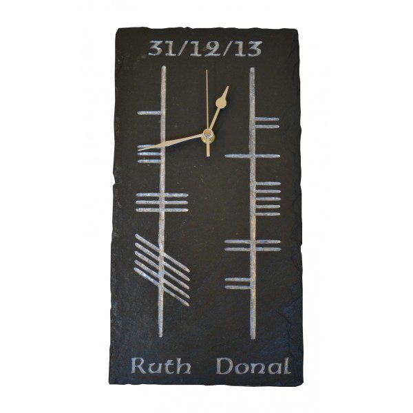 Natural Slate Ogham Clock with Couple's Names and Date